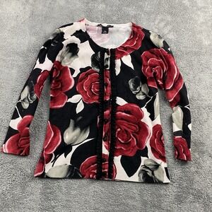 White House Black Market Sweater Long Sleeve‎ Womens XS Red Black Rose
